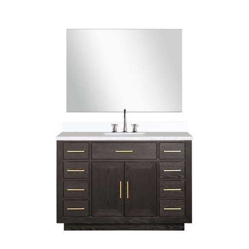 [LVA48SK311] Abbey 48 in W x 22 in. D Brown Oak Single Bath Vanity, Cultured Marble Top, Faucet Set, and 46 in Mirror