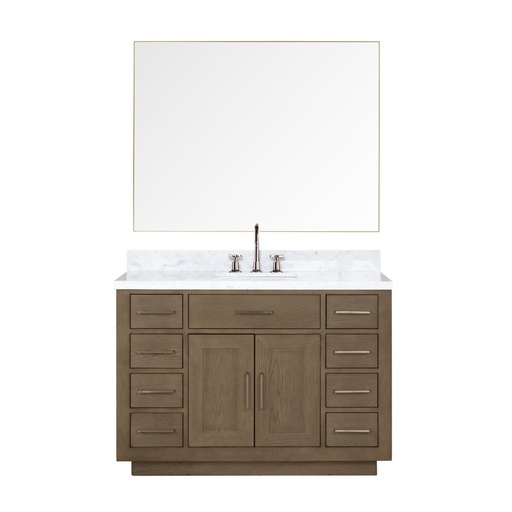 [LVA48SR111] Abbey 48 in W x 22 in. D Grey Oak Single Bath Vanity, Carrara Marble Top, Faucet Set, and 46 in Mirror