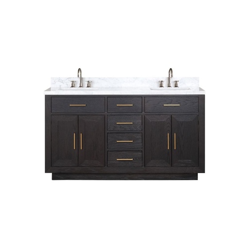 [LVA60DJ101] Abbey 60 in W x 22 in. D Black Oak Double Bath Vanity, Carrara Marble Top, and Faucet Set