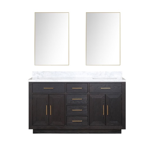 [LVA60DJ110] Abbey 60 in W x 22 in. D Black Oak Double Bath Vanity, Carrara Marble Top, and 28 in Mirrors