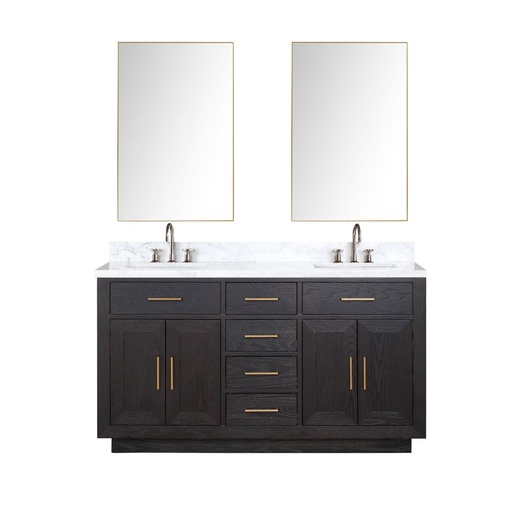 [LVA60DJ111] Abbey 60 in W x 22 in. D Black Oak Double Bath Vanity, Carrara Marble Top, Faucet Set, and 28 in Mirrors