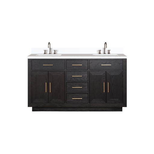 [LVA60DJ201] Abbey 60 in W x 22 in. D Black Oak Double Bath Vanity, White Quartz Top, and Faucet Set