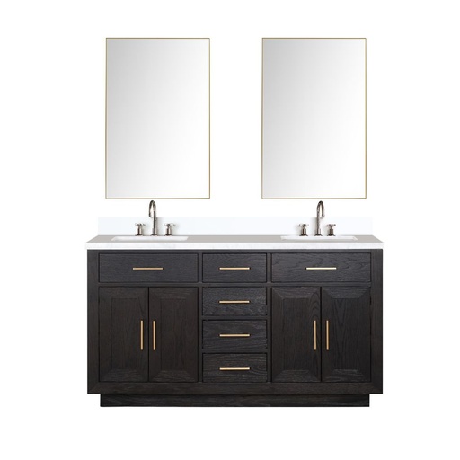 [LVA60DJ211] Abbey 60 in W x 22 in. D Black Oak Double Bath Vanity, White Quartz Top, Faucet Set, and 28 in Mirrors