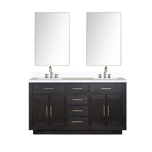 [LVA60DJ311] Abbey 60 in W x 22 in. D Black Oak Double Bath Vanity, Cultured Marble Top, Faucet Set, and 28 in Mirrors