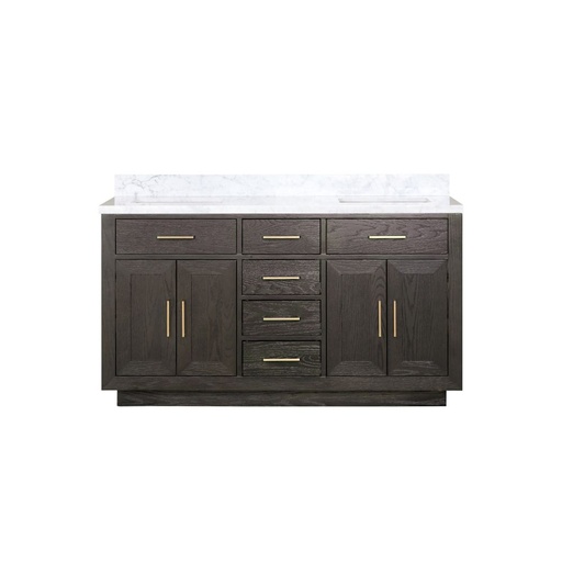 [LVA60DK100] Abbey 60 in W x 22 in. D Brown Oak Double Bath Vanity and Carrara Marble Top