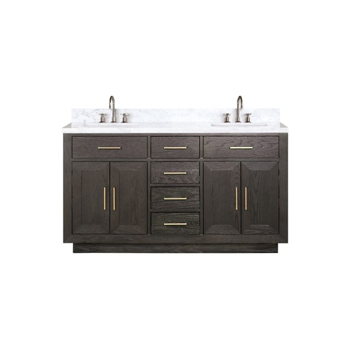 [LVA60DK101] Abbey 60 in W x 22 in. D Brown Oak Double Bath Vanity, Carrara Marble Top, and Faucet Set