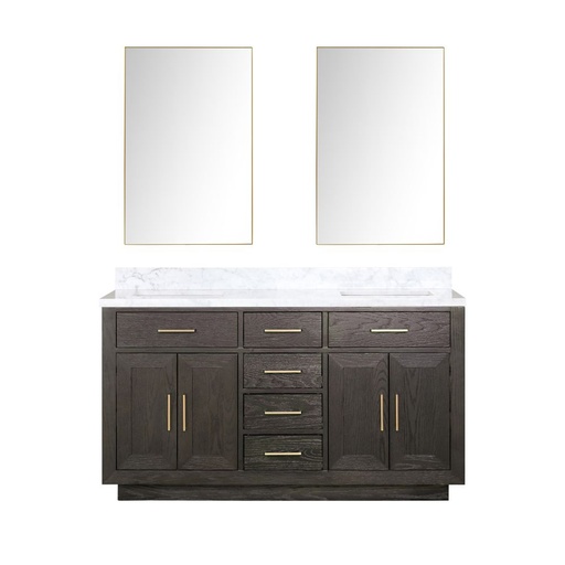 [LVA60DK110] Abbey 60 in W x 22 in. D Brown Oak Double Bath Vanity, Carrara Marble Top, and 28 in Mirrors