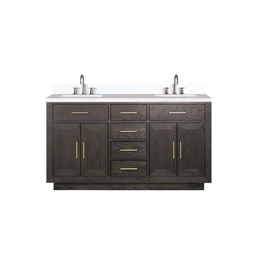 [LVA60DK201] Abbey 60 in W x 22 in. D Brown Oak Double Bath Vanity, White Quartz Top, and Faucet Set