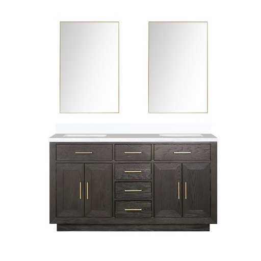 [LVA60DK210] Abbey 60 in W x 22 in. D Brown Oak Double Bath Vanity, White Quartz Top, and 28 in Mirrors