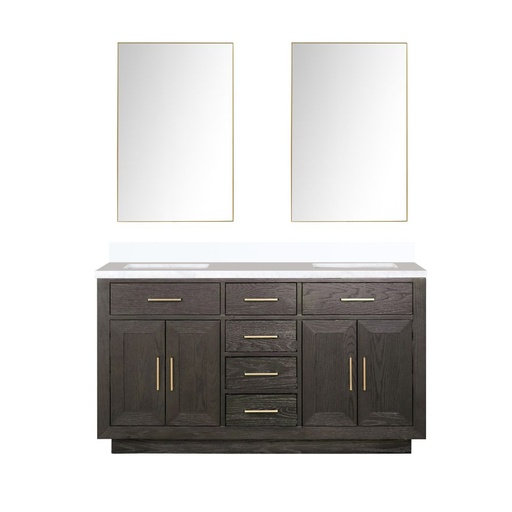 [LVA60DK310] Abbey 60 in W x 22 in. D Brown Oak Double Bath Vanity, Cultured Marble Top, and 28 in Mirrors
