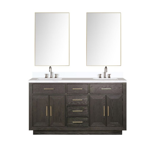 [LVA60DK311] Abbey 60 in W x 22 in. D Brown Oak Double Bath Vanity, Cultured Marble Top, Faucet Set, and 28 in Mirrors