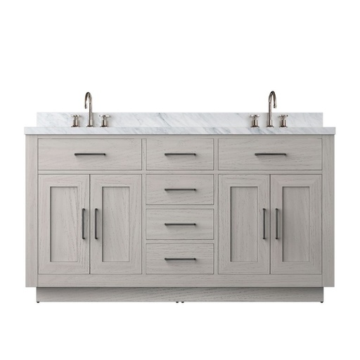 [LVA60DM101] Abbey 60 in W x 22 in. D White Oak Double Bath Vanity, Carrara Marble Top, and Faucet Set