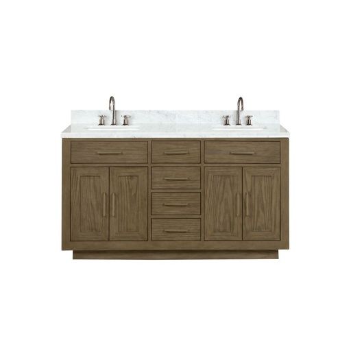 [LVA60DR101] Abbey 60 in W x 22 in. D Grey Oak Double Bath Vanity, Carrara Marble Top, and Faucet Set