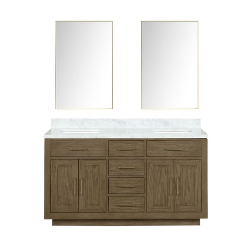 [LVA60DR110] Abbey 60 in W x 22 in. D Grey Oak Double Bath Vanity, Carrara Marble Top, and 28 in Mirrors