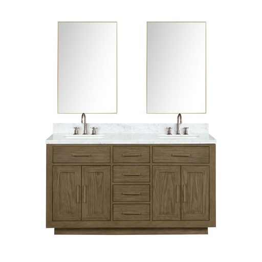 [LVA60DR111] Abbey 60 in W x 22 in. D Grey Oak Double Bath Vanity, Carrara Marble Top, Faucet Set, and 28 in Mirrors