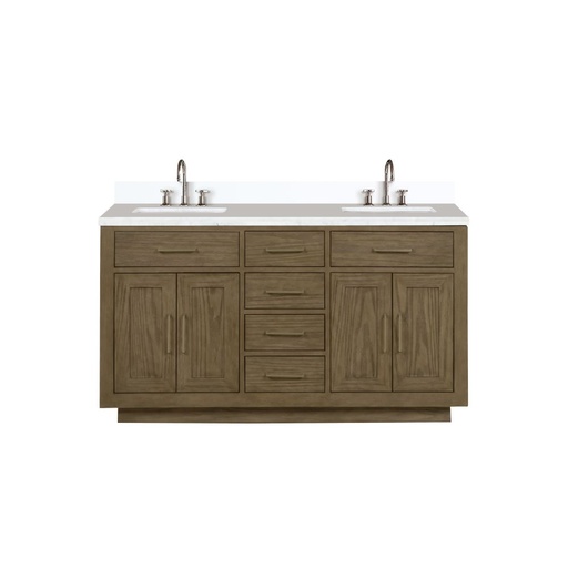 [LVA60DR201] Abbey 60 in W x 22 in. D Grey Oak Double Bath Vanity, White Quartz Top, and Faucet Set