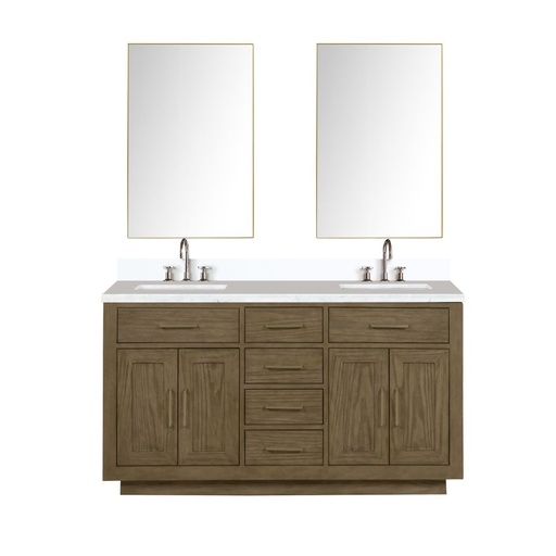 [LVA60DR311] Abbey 60 in W x 22 in. D Grey Oak Double Bath Vanity, Cultured Marble Top, Faucet Set, and 28 in Mirrors
