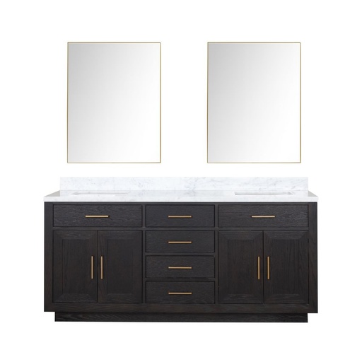 [LVA72DJ110] Abbey 72 in W x 22 in. D Black Oak Double Bath Vanity, Carrara Marble Top, and 34 in Mirrors