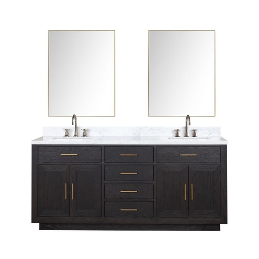 [LVA72DJ111] Abbey 72 in W x 22 in. D Black Oak Double Bath Vanity, Carrara Marble Top, Faucet Set, and 34 in Mirrors
