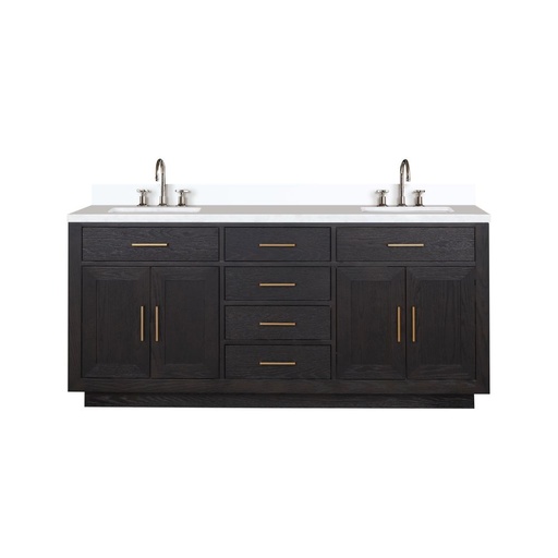 [LVA72DJ201] Abbey 72 in W x 22 in. D Black Oak Double Bath Vanity, White Quartz Top, and Faucet Set