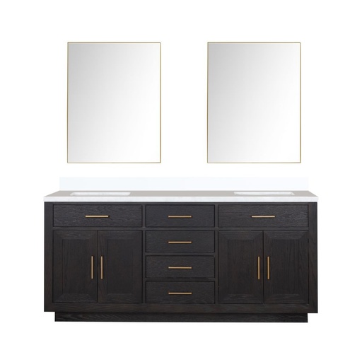 [LVA72DJ210] Abbey 72 in W x 22 in. D Black Oak Double Bath Vanity, White Quartz Top, and 34 in Mirrors