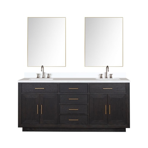 [LVA72DJ311] Abbey 72 in W x 22 in. D Black Oak Double Bath Vanity, Cultured Marble Top, Faucet Set, and 34 in Mirrors