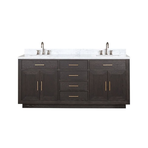 [LVA72DK101] Abbey 72 in W x 22 in. D Brown Oak Double Bath Vanity, Carrara Marble Top, and Faucet Set
