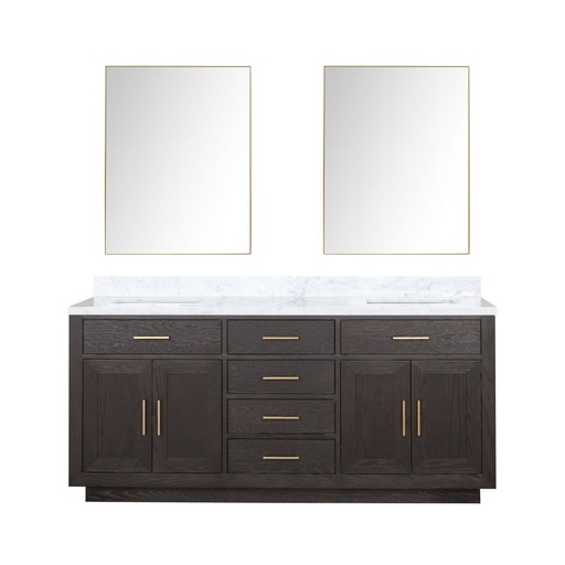 [LVA72DK110] Abbey 72 in W x 22 in. D Brown Oak Double Bath Vanity, Carrara Marble Top, and 34 in Mirrors