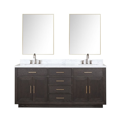 [LVA72DK111] Abbey 72 in W x 22 in. D Brown Oak Double Bath Vanity, Carrara Marble Top, Faucet Set, and 34 in Mirrors