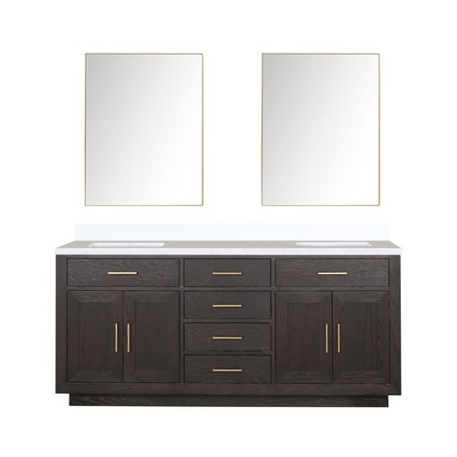 [LVA72DK210] Abbey 72 in W x 22 in. D Brown Oak Double Bath Vanity, White Quartz Top, and 34 in Mirrors