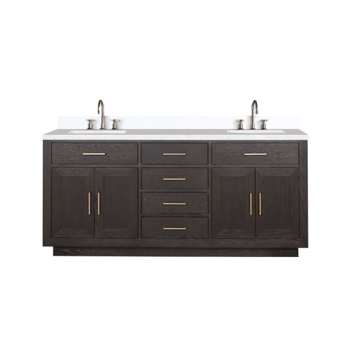 [LVA72DK301] Abbey 72 in W x 22 in. D Brown Oak Double Bath Vanity, Cultured Marble Top, and Faucet Set