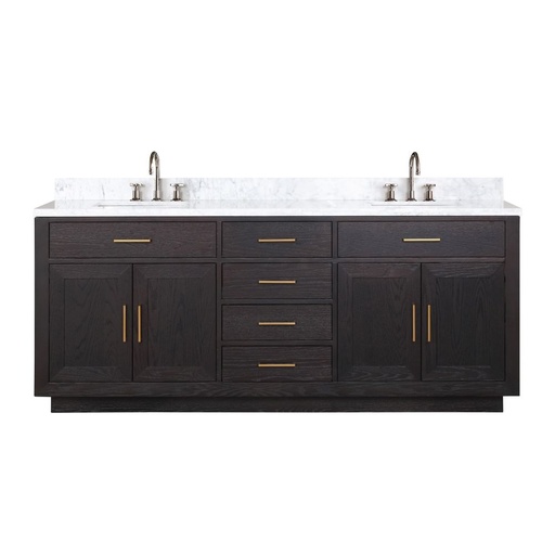 [LVA80DJ101] Abbey 80 in W x 22 in. D Black Oak Double Bath Vanity, Carrara Marble Top, and Faucet Set