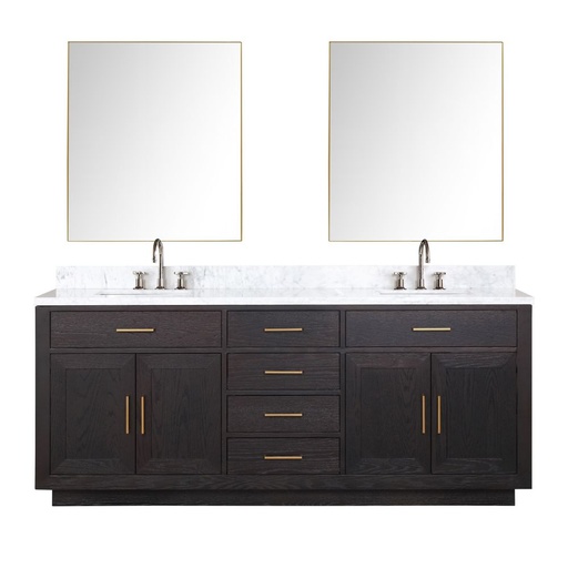 [LVA80DJ111] Abbey 80 in W x 22 in. D Black Oak Double Bath Vanity, Carrara Marble Top, Faucet Set, and 36 in Mirrors