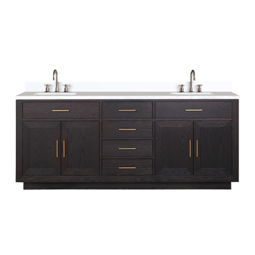 [LVA80DJ201] Abbey 80 in W x 22 in. D Black Oak Double Bath Vanity, White Quartz Top, and Faucet Set