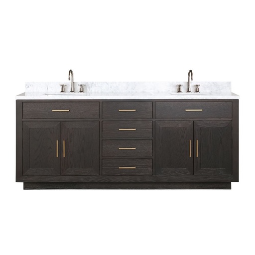 [LVA80DK101] Abbey 80 in W x 22 in. D Brown Oak Double Bath Vanity, Carrara Marble Top, and Faucet Set