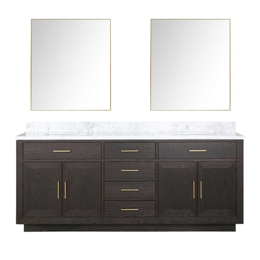 [LVA80DK110] Abbey 80 in W x 22 in. D Brown Oak Double Bath Vanity, Carrara Marble Top, and 36 in Mirrors