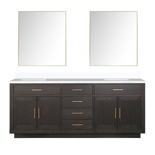 [LVA80DK210] Abbey 80 in W x 22 in. D Brown Oak Double Bath Vanity, White Quartz Top, and 36 in Mirrors