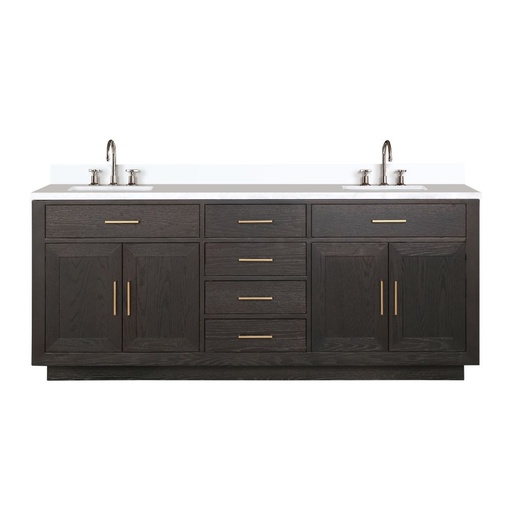 [LVA80DK301] Abbey 80 in W x 22 in. D Brown Oak Double Bath Vanity, Cultured Marble Top, and Faucet Set