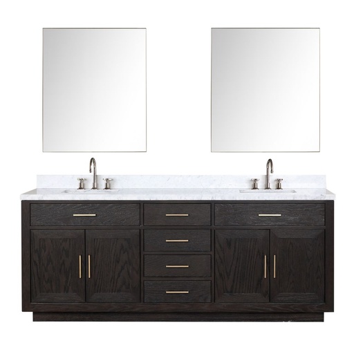 [LVA84DJ111] Abbey 84 in W x 22 in. D Black Oak Double Bath Vanity, Carrara Marble Top, Faucet Set, and 36 in Mirrors