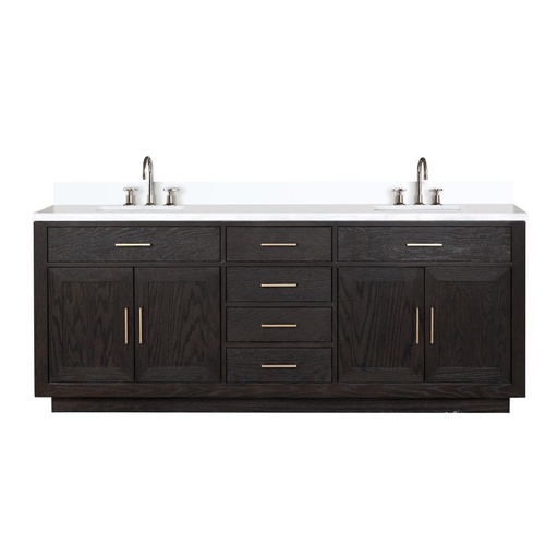 [LVA84DJ201] Abbey 84 in W x 22 in. D Black Oak Double Bath Vanity, White Quartz Top, and Faucet Set