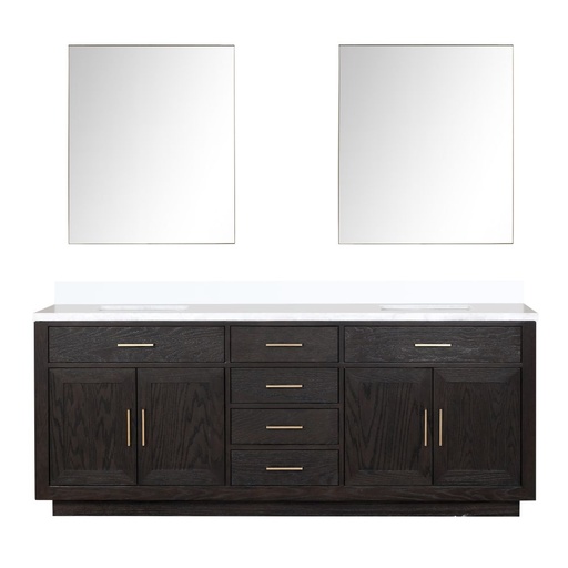 [LVA84DJ210] Abbey 84 in W x 22 in. D Black Oak Double Bath Vanity, White Quartz Top, and 36 in Mirrors