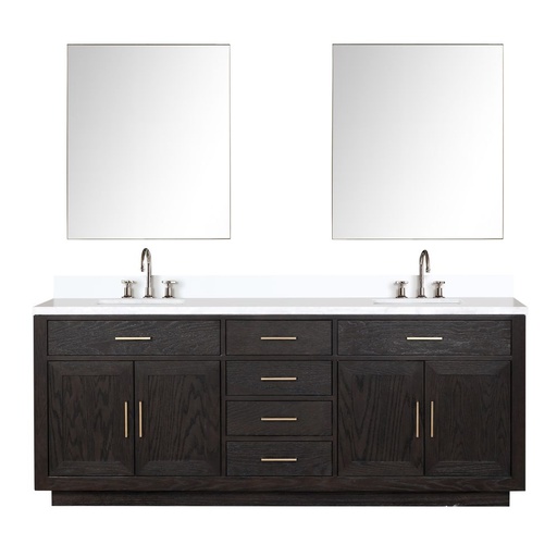[LVA84DJ311] Abbey 84 in W x 22 in. D Black Oak Double Bath Vanity, Cultured Marble Top, Faucet Set, and 36 in Mirrors