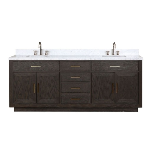 [LVA84DK101] Abbey 84 in W x 22 in. D Brown Oak Double Bath Vanity, Carrara Marble Top, and Faucet Set