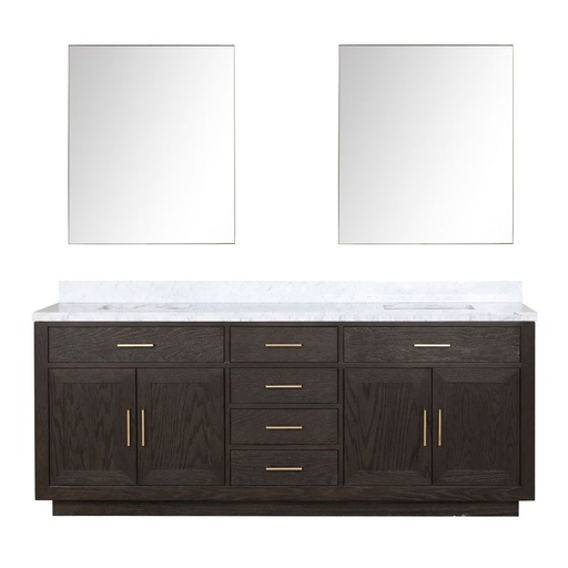 [LVA84DK110] Abbey 84 in W x 22 in. D Brown Oak Double Bath Vanity, Carrara Marble Top, and 36 in Mirrors