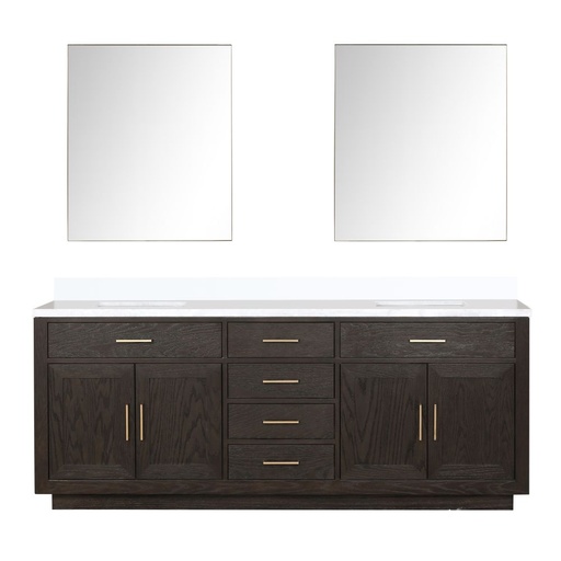 [LVA84DK210] Abbey 84 in W x 22 in. D Brown Oak Double Bath Vanity, White Quartz Top, and 36 in Mirrors
