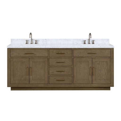 [LVA84DR101] Abbey 84 in W x 22 in. D Grey Oak Double Bath Vanity, Carrara Marble Top, and Faucet Set