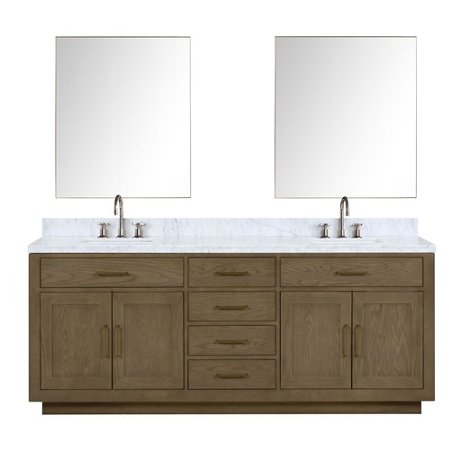 [LVA84DR111] Abbey 84 in W x 22 in. D Grey Oak Double Bath Vanity, Carrara Marble Top, Faucet Set, and 36 in Mirrors
