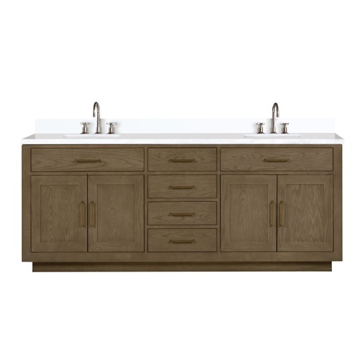 [LVA84DR201] Abbey 84 in W x 22 in. D Grey Oak Double Bath Vanity, White Quartz Top, and Faucet Set