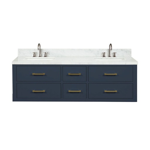 [LVC60DE101] Castor 60 in W x 22 in. D Blue Double Bath Vanity, Carrara Marble Top, and Faucet Set