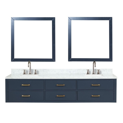 [LVC84DE111] Castor 84 in W x 22 in. D Blue Double Bath Vanity, Carrara Marble Top, Faucet Set, and 36 in Mirrors